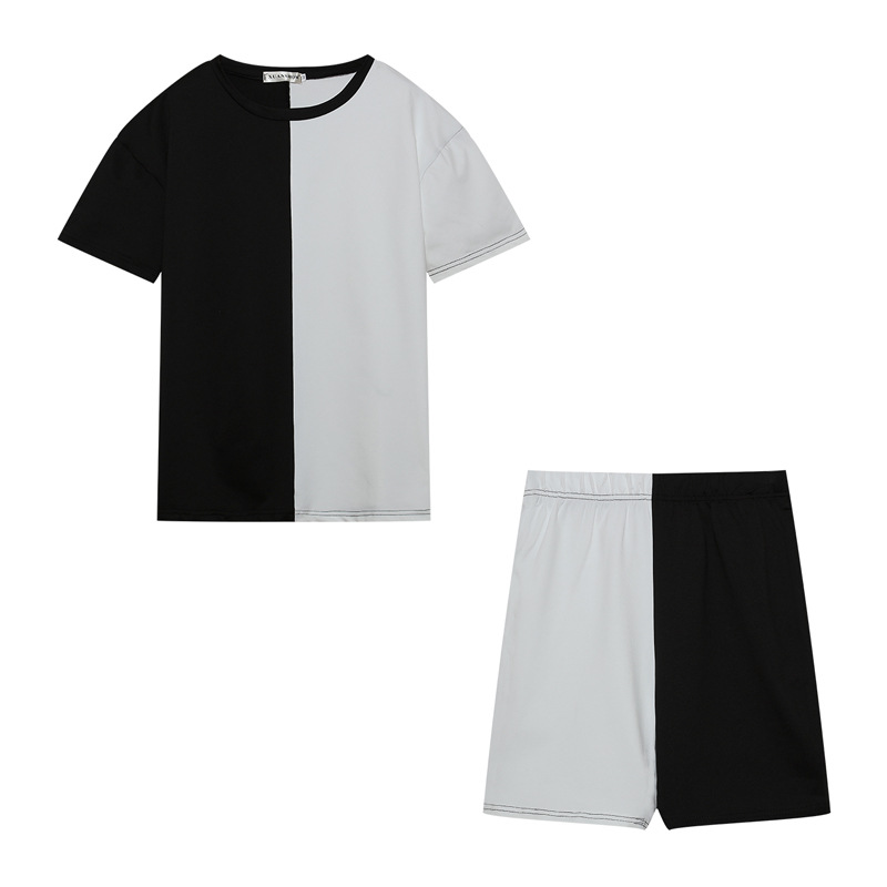 Picture of Cross-border European and American Amazon Spring and Summer Black and White Solid Color Contrast Color Loose T-shirt Shorts Sports Leisure suit