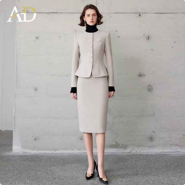 Picture of Autumn and Winter Fashion New Retro Oatmeal Color Round Neck Professional Women's Dress suit Elegant Female President Manager Formalwear