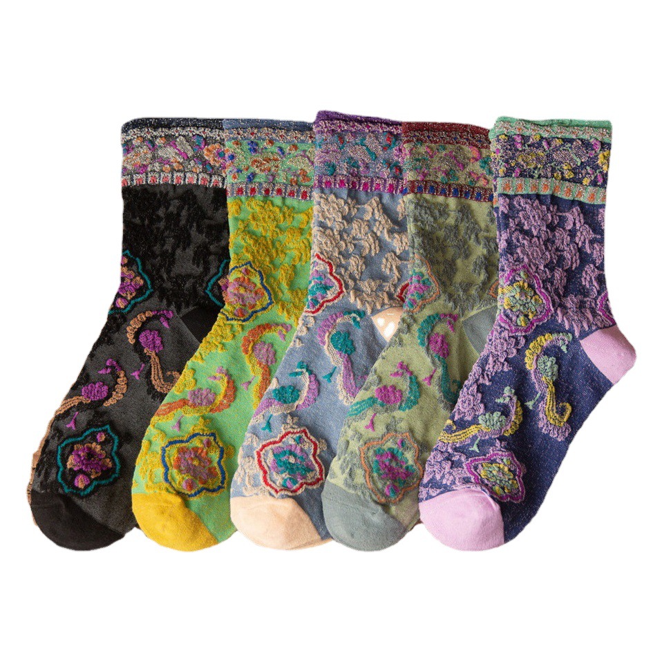Spring and Autumn New Bright Silk Retro Embossed Pattern Mid-Calf Women's Socks Ins Japanese Style Fashion Bubble Ribbed Pile Socks