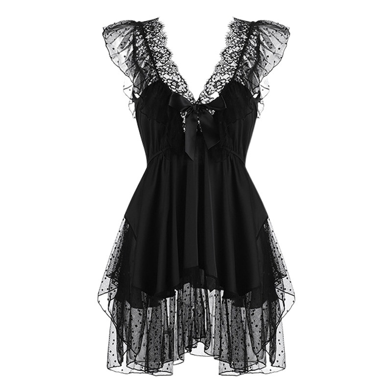 Guiruo Autumn and Winter New Sexy Deep V Thin Mesh Pajamas Backless Sweet Nightgown Home Wear Large Size Suit 730