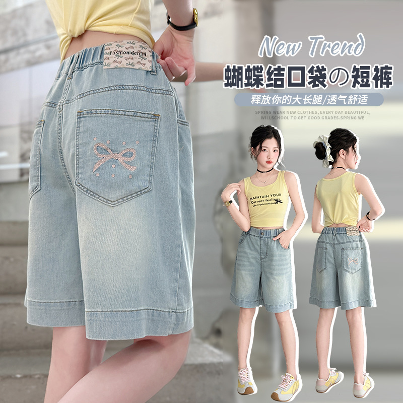 Girls' Denim Shorts from Huzhou Zhili Children's Clothing, Thin High-Waisted Knee-Length Shorts with Bow Embroidery, Wide-Leg Pants