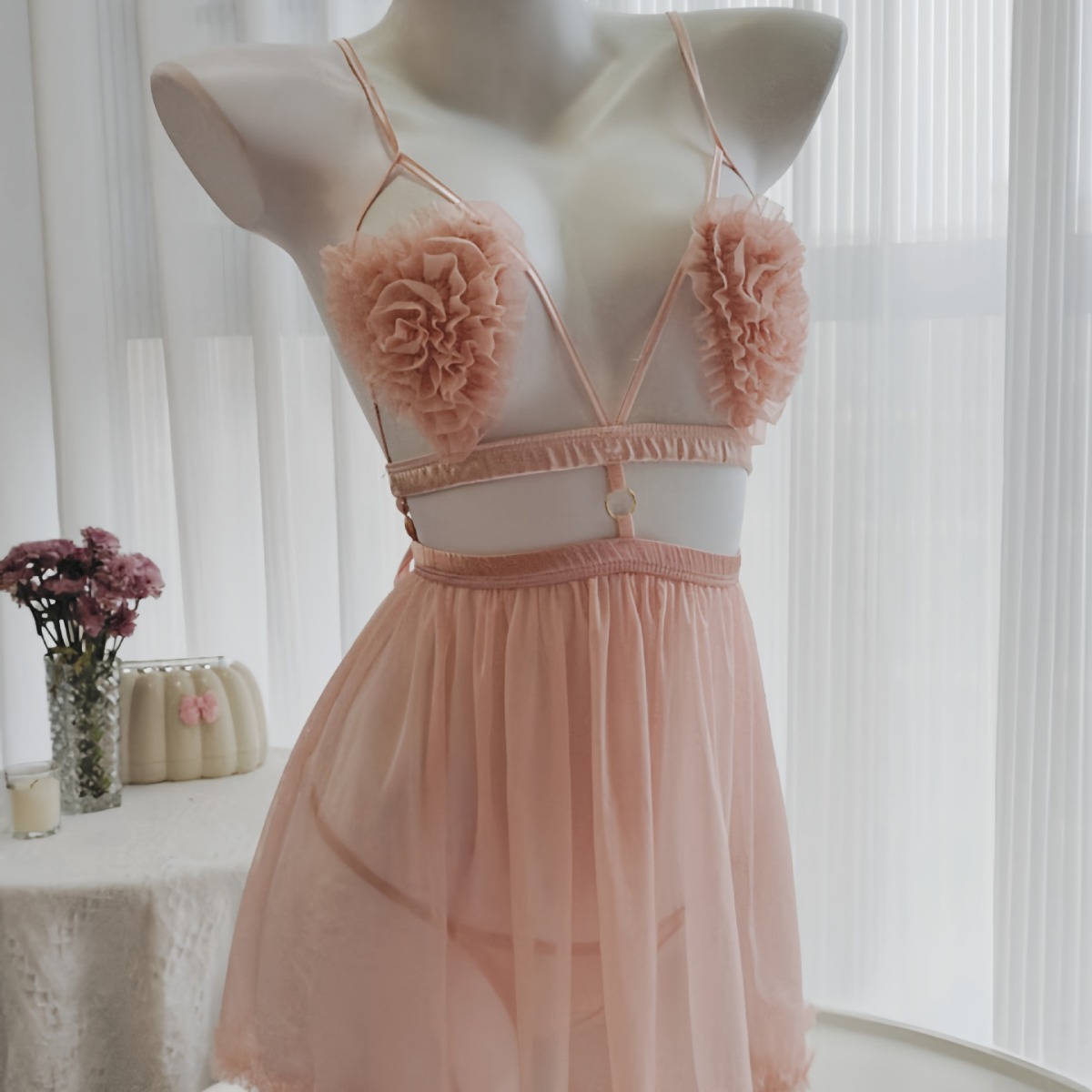 Women's pajamas flower three-dimensional nightdress fluffy edge lovely sexy mesh nightdress see-through strap nightdress set