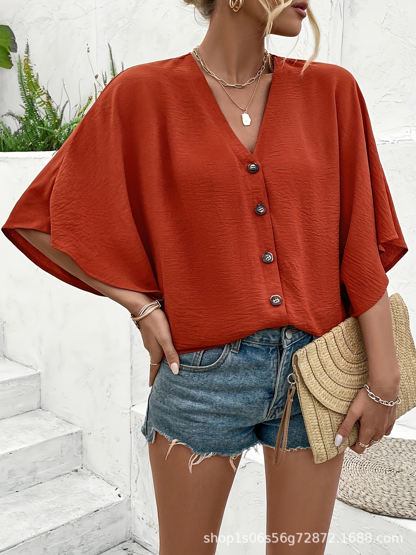Foreign Trade 2025 Spring and Summer European and American Style Women's Fashion V-Neck Batwing Sleeve Solid Color Shirt Comfortable Casual Style