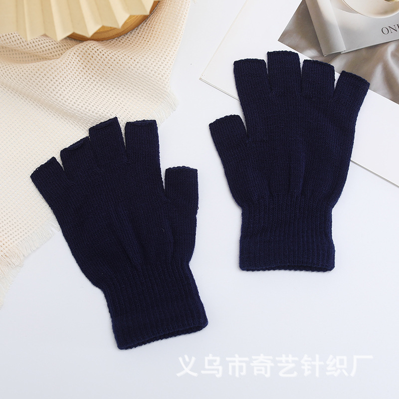 Picture of Black half finger finger elastic stretch acrylic knitted winter gloves for mobile phone