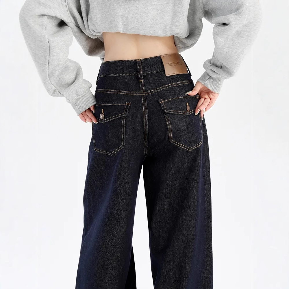 Picture of American Style Retro dark blue Mop Jeans Women's Spring and Autumn High Waist Straight Wide Leg Pants Small Layhead Pants