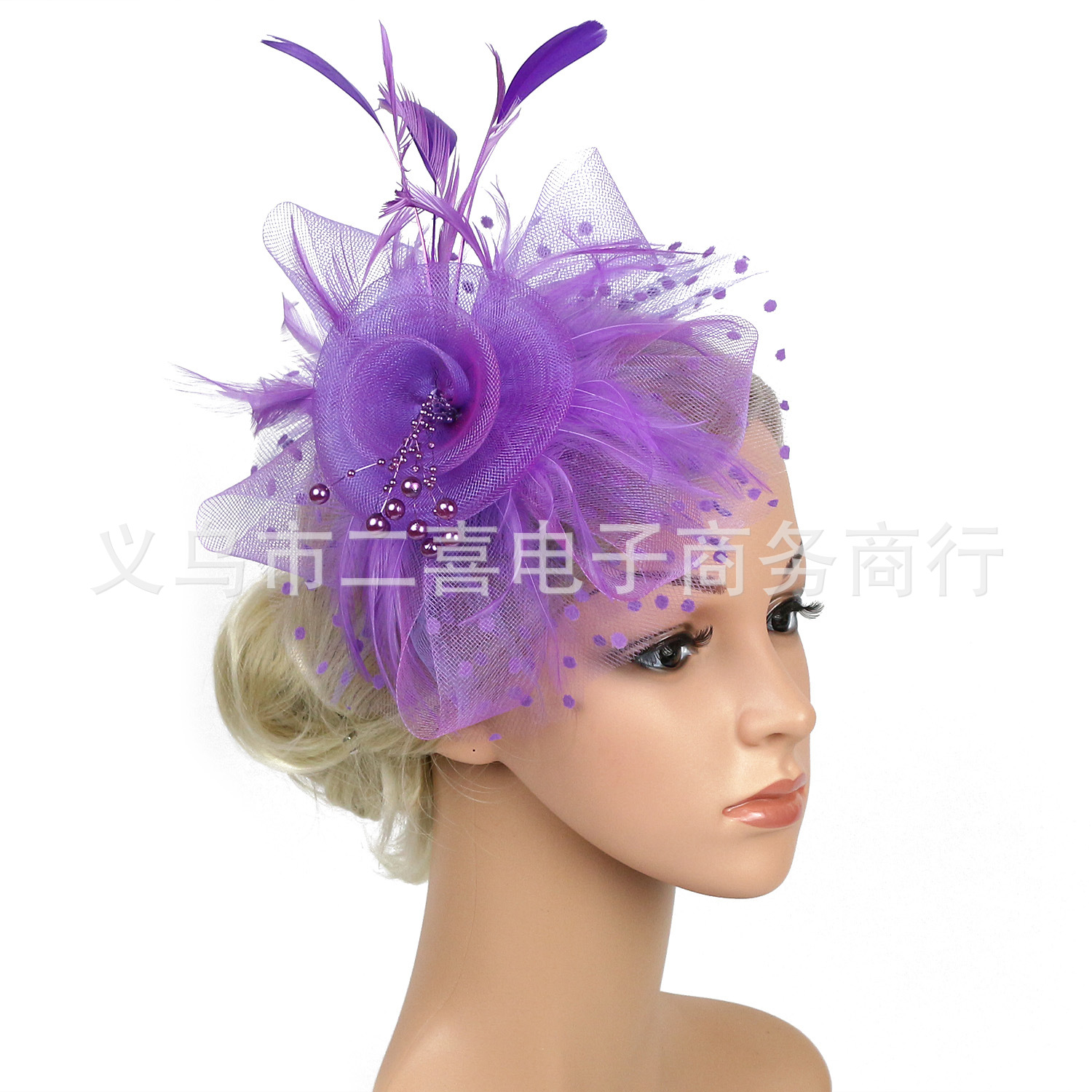 Picture of European and American Popular Amazon Feather Headdress Bridal Hair Accessories Mesh Top Hat Jockey Club Hair Accessories Hairpin Headband