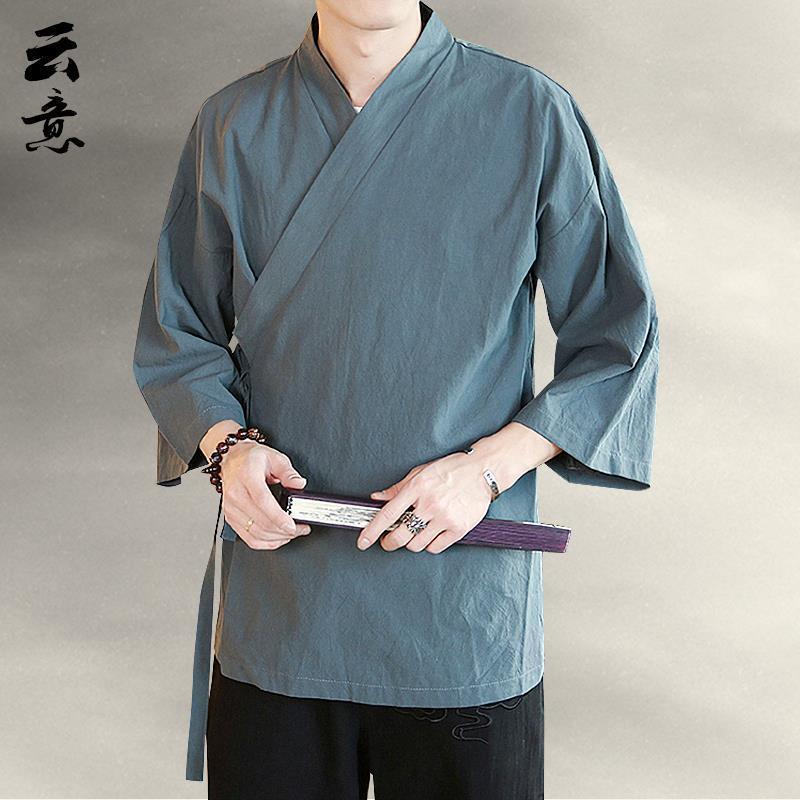Picture of Seven-point Sleeve Hanfu Men's Summer Chinese-style Slant-breasted Top Zen-style Jumpsuit Ancient Style Tea Clothes Cotton-linen Robe Coat