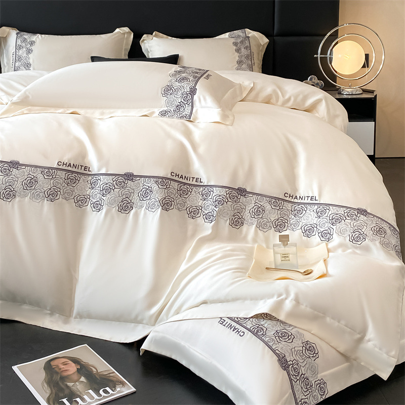 Double-sided 100 pieces Lanjing Tencel four-piece Ice Silk naked sleeping bed sheet quilt cover bed cover summer cool feeling bedding 4