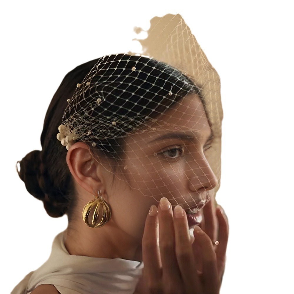 Picture of Manzhen European and American Grid Veil Bridal Veil Short Pearl Birdcage Veil Women Fashion Hair Accessories MA08