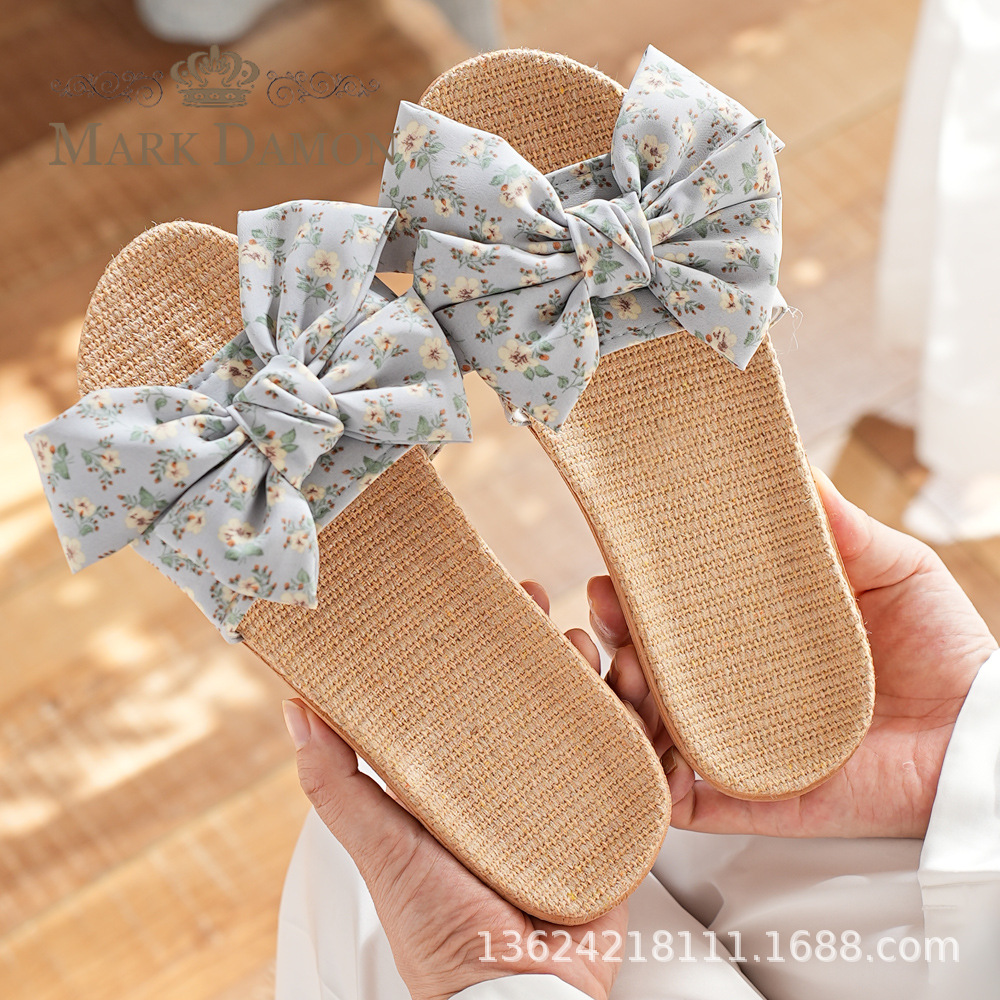 Cross-Border Foreign Order New Summer Linen Women's Korean Style Internet Celebrity Soft Bottom Can Be Worn Outside Bow Non-Slip Home Slippers