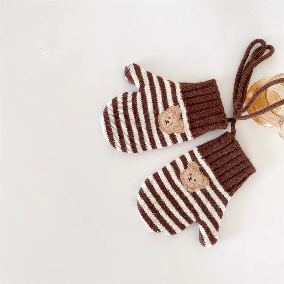 Picture of Children's Woolen Scarf Korean Style Color-Blocked Stripesd Knitted Embroidered Korean Bear Cute Woolen Scarf for Boys and Girls