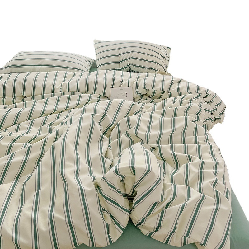 ins Style Striped Washed Cotton Four-piece Set Student Dormitory Solid Color Bed Sheet Quilt Cover Three-piece Simple Bedding