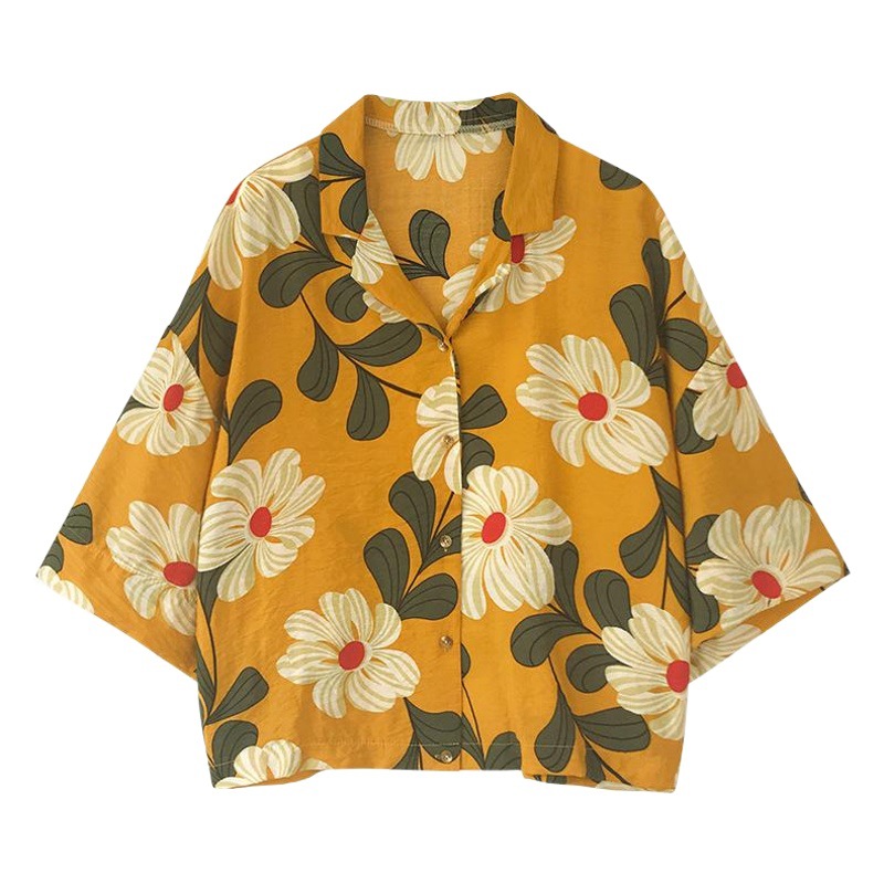 2021 Summer New Arrival Hong Kong Style Printed Suit Collar Shirt Women's Seven-Sleeve Top Loose Slimming Korean Style Trendy Shirt