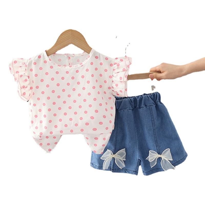 Girls' summer suit new western style flying sleeve children's summer clothes baby girls' Denim shorts suit