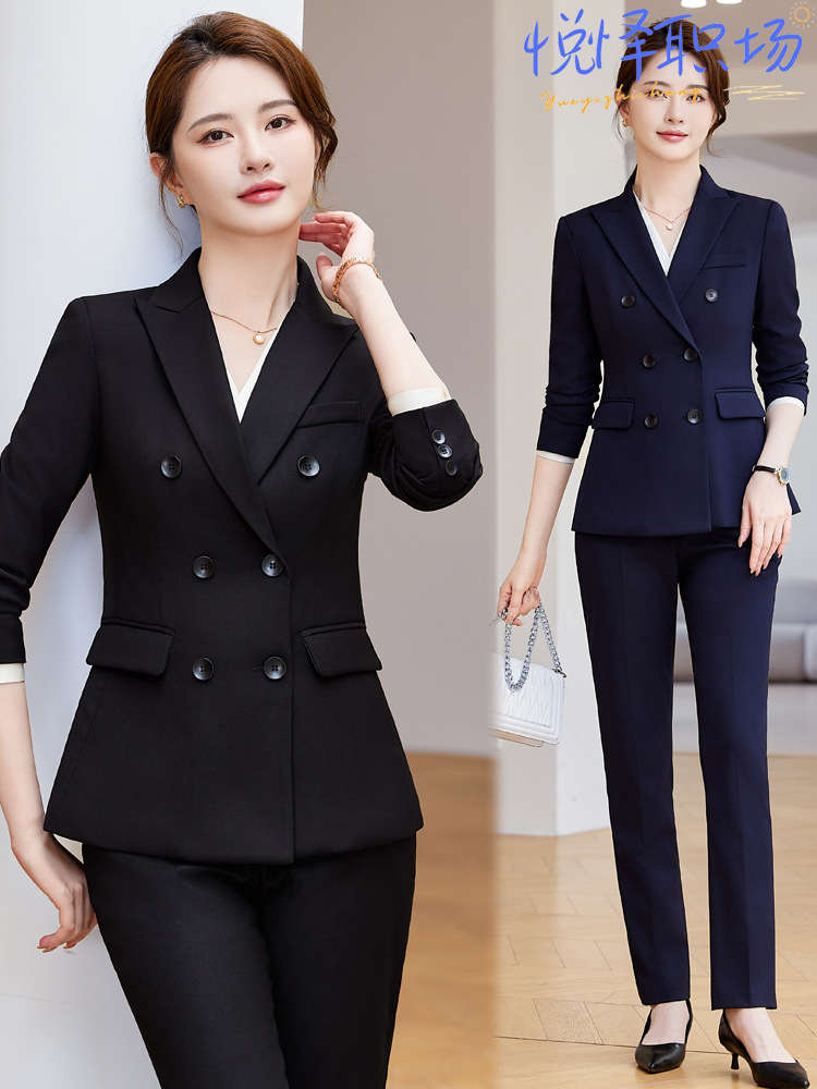 navy blue Long Sleeve Suit suit Female Summer and Autumn Civil Servant Interview Dress Double-breasted Suit Business Manager Job