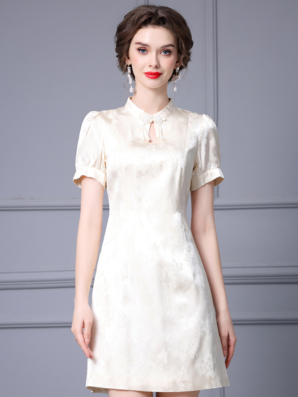Picture of Zhili's Best Friend Improved Cheongsam Dress Stand Collar Plate Button Jacquard A-Line Dress Short Summer 2025 New Style