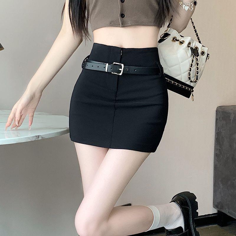 Black with Belt A-line Skirt Summer New Sexy Sexy Style High Waist Elastic Slimming Look Hip Short Skirt