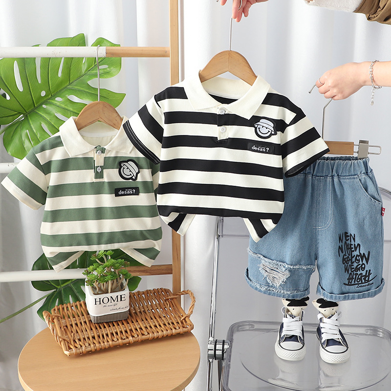 Boys' Summer suit Children's 2025 New Striped Lap Short-sleeved Two-piece Set Korean Style Baby's Summer Fashion
