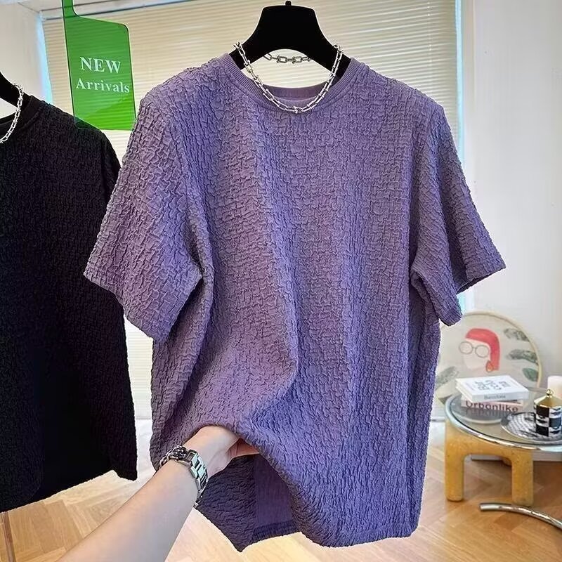 Pleated Texture Short-Sleeved T-Shirt for Women in Summer Korean Style Loose Slimming Look Bottoming Shirt with Round Neck Half-Sleeved Top Trendy