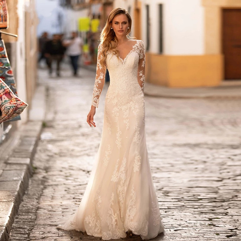 Long Sleeve Wedding Dress 2025 New Bride Simple Deep V-neck Large Backless Travel Shot Small Trailing Soft Gauze Lace Slimming