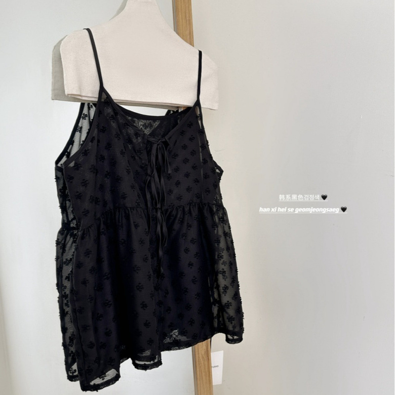 Korean Chic Summer Sweet and Fresh V Neck Lace-Up Design Embroidered Jacquard Versatile Layered Suspender Top for Women