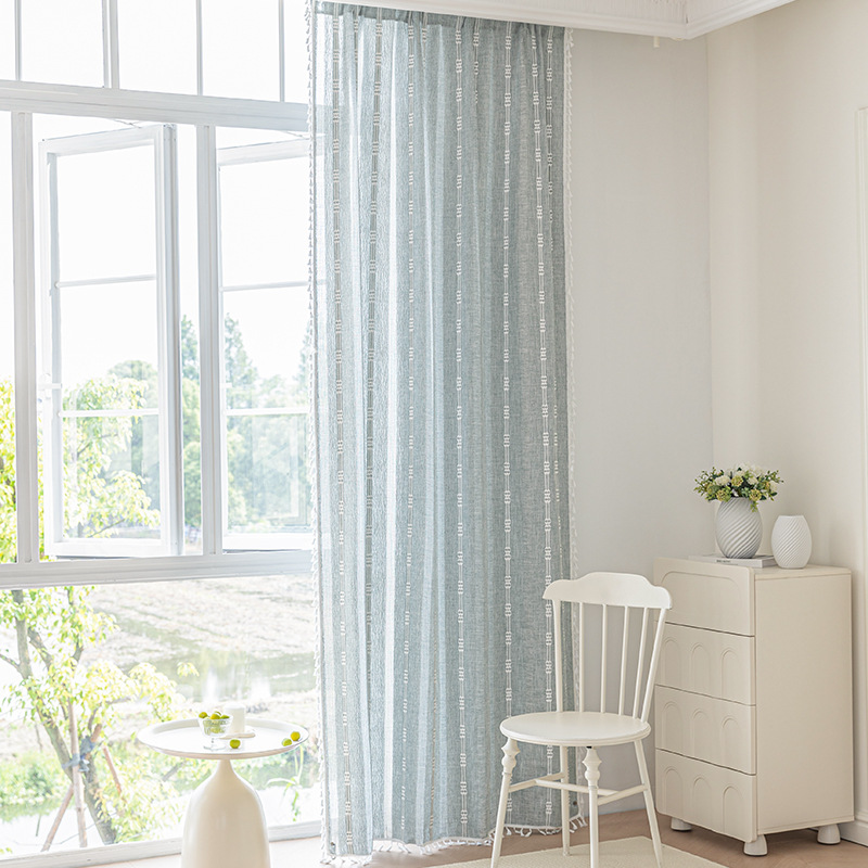 Picture of Cross-border exclusive for Nordic cotton and linen curtains multi-color solid color cotton and linen yarn semi-transparent bedroom living room floor curtains with yarn