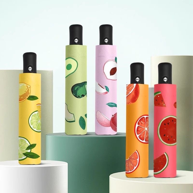 Automatic folding fruit umbrella black rubber sunscreen UV umbrella manufacturers wholesale three-fold sun umbrella