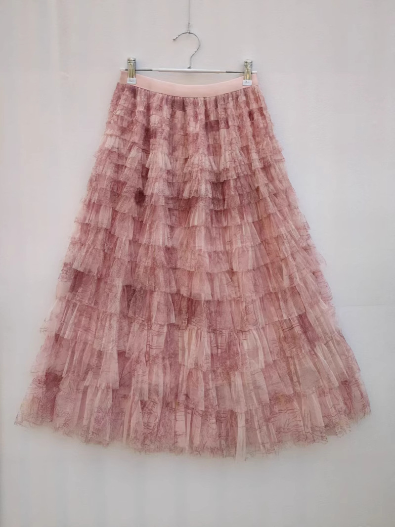 Tie-Dye Gauze Skirt Women's Skirt 2025 Spring and Summer New Cake Skirt Slimming Look Mid-Length Mesh Skirt Layered Skirt