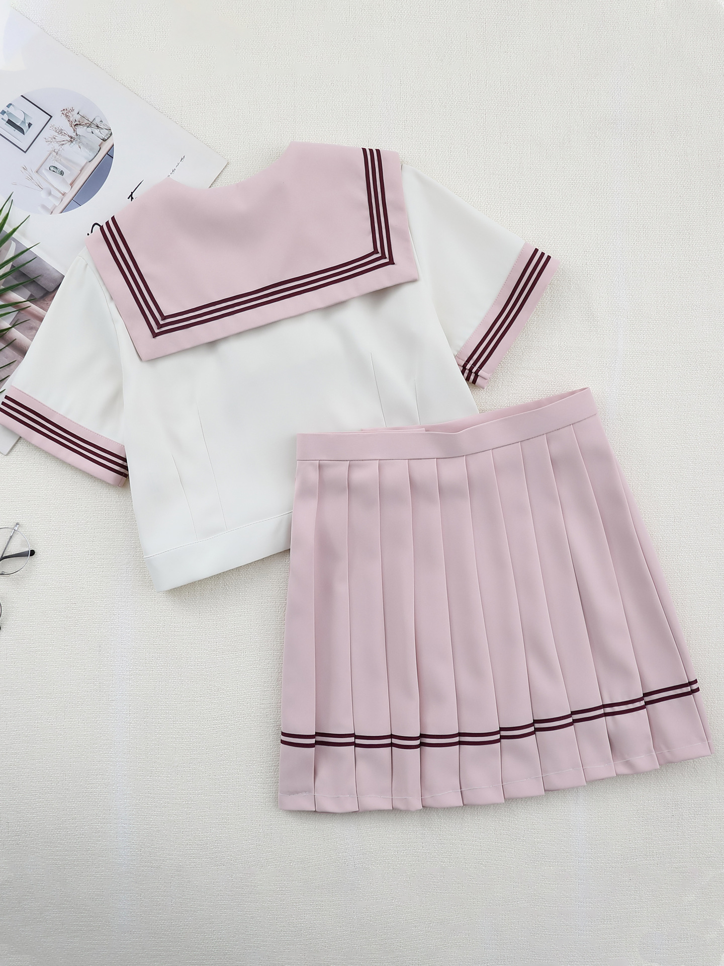 [White Peach] Anna Premium JK Uniform Original Sailor Uniform Pink Pure Style Versatile School Pleated Skirt for Girls