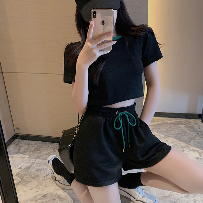 35% Cotton Summer Pure Desire Sexy Frying Street High Waist Short Top T-shirt Shorts Two-piece Casual Sports Suit Women