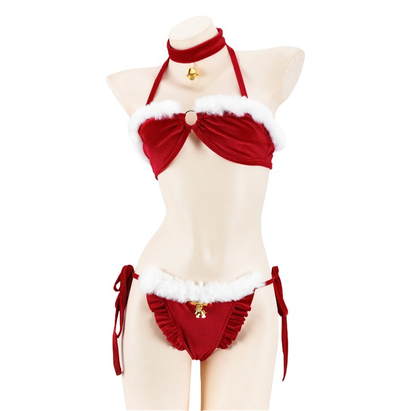 Fun Christmas plush piping bikini lace-up neck lingerie sexy three-point New Year gift dress T0460