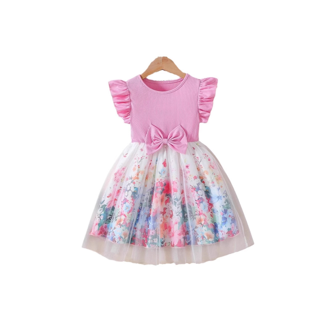 Picture of Foreign Trade Cross-border Girls Summer Small Flying Sleeve Waist Bow Design Stitching Mesh Elegant Princess Dress Trendy