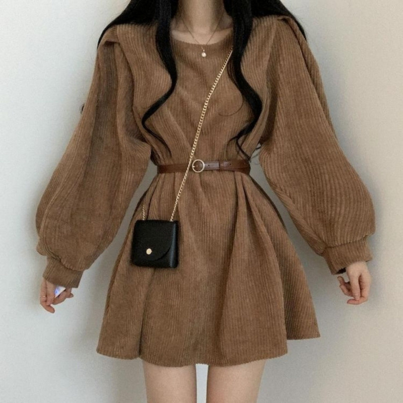 Corduroy dress Women's Early Spring 2022 New French Autumn Retro Short Waist Elegant Short Skirt