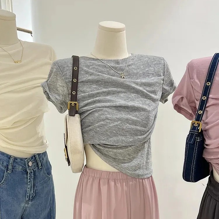 Modal Pure Desire Style Grey T-shirt Women's Summer Thin Design Pleated Irregular Short Slim-fit Short-sleeved Top