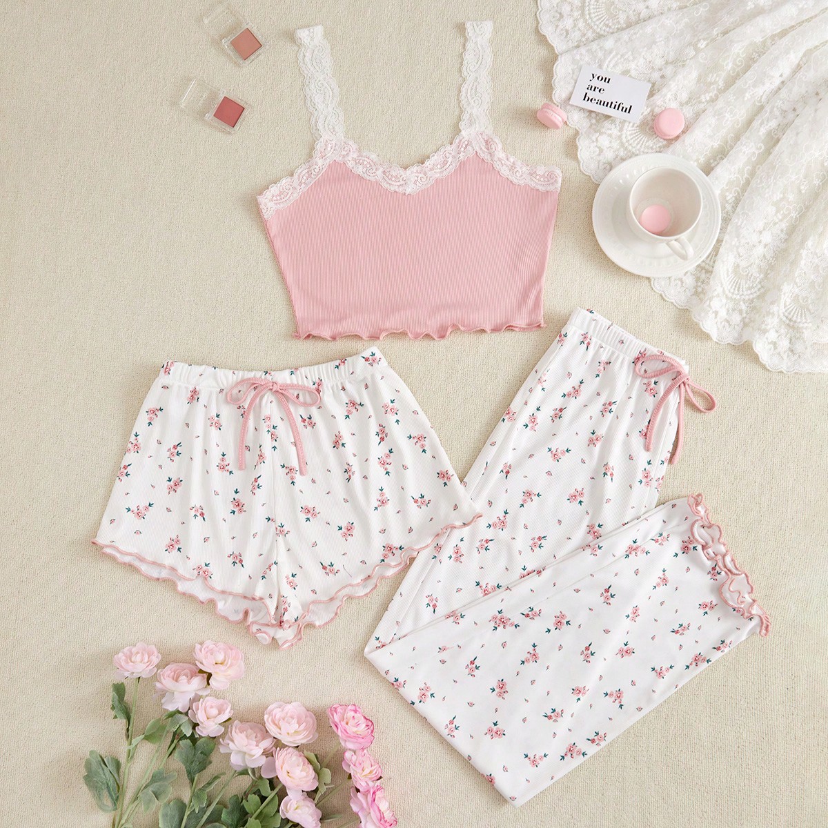 Floral Pajamas Women's Suit Summer New Sling Shorts Trousers Three-piece Suit Sweet Cute Floral Home Clothes