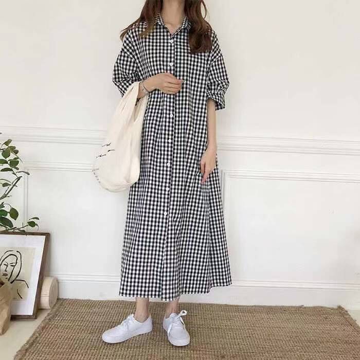Korean Style Plaid Shirt Dress for Women 2024 Spring and Summer Short-Sleeved Cotton and Linen Extra Long Over-The-Knee Loose Western Style Shirt