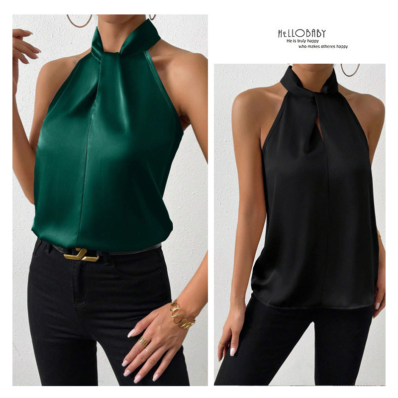Picture of 2025 New Summer European and American Clothing Satin Halterneck Sleeveless Vest Satin Imitation Silk Top Wholesale in Stock