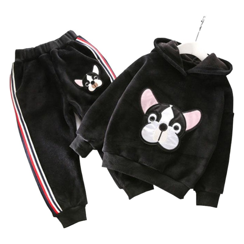 Girls' 2025 Autumn and Winter Velvet Thickeneded Kidsren's Silver Fox Velvet Versatile Dog Head Hooded Sweatshirt and Pants Two-Piece Suit