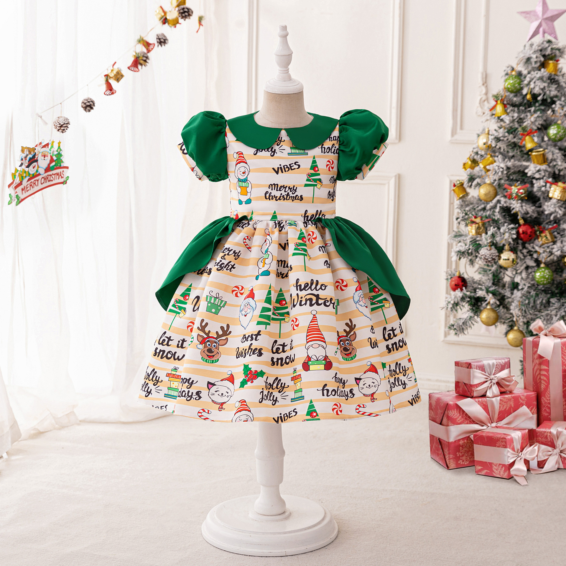 Amazon Santa Claus Cartoon Digital Print dress Bubble Sleeve Snow Fawn Princess Dress Dress Dress