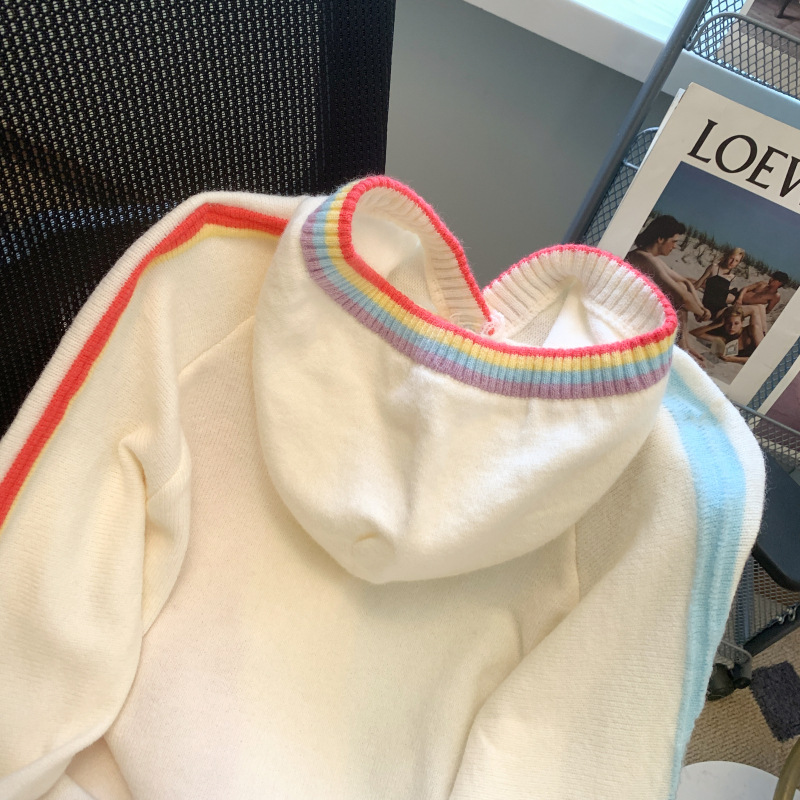 Picture of Niche Design Rainbow Stripesd Hooded Sweater for Women Thickeneded Autumn and Winter High Waist Loose Short Top Trendy Ins