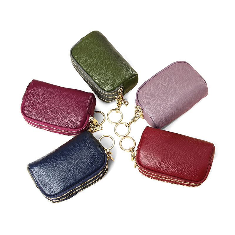 First Layer Cowhide Simple Clutch Bag Three Zipper Genuine Leather Coin Purse Women's Key Coin Coin Bag Ins Style Mini