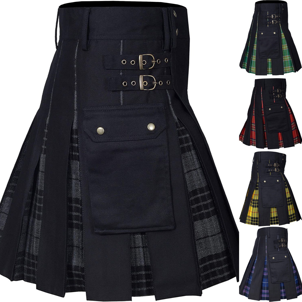 Men's AliExpress Hot Sale Scottish Holiday Skirt Men's Plaid Color Contrast Camouflage Pleated Skirt BK0170