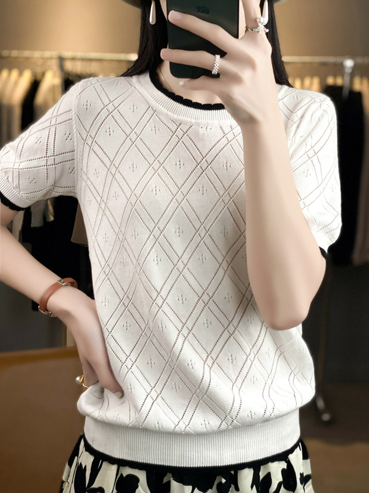 Cotton Breathable Sweat Absorbing 2025 Summer New Women's Pullover T-shirt Hollow Elegant Round Neck All-match Short Knitted Shirt