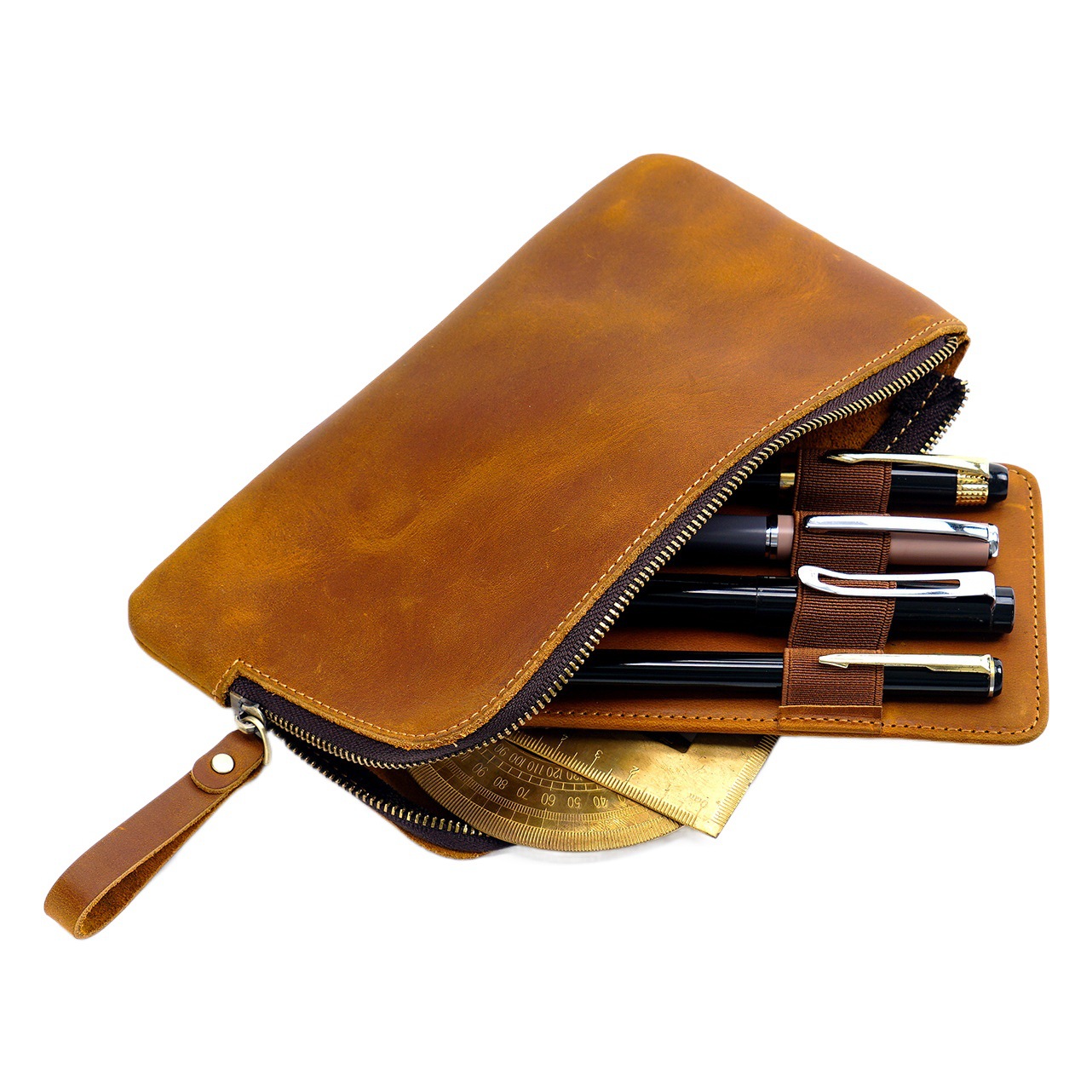 Cowhide Zipper pen storage pen bag retro multi-pen slot pen box large capacity removable stationery box bag
