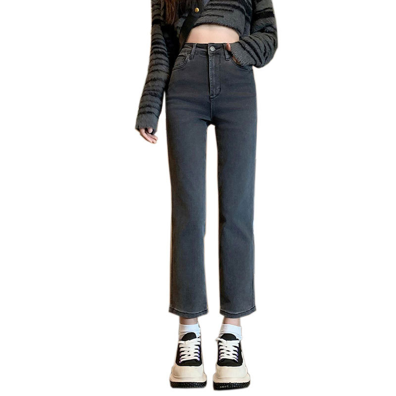 Picture of Black gray jeans women's net red autumn and winter stretch high waist straight pants all-match slim fit cropped smoke tube French stick pants