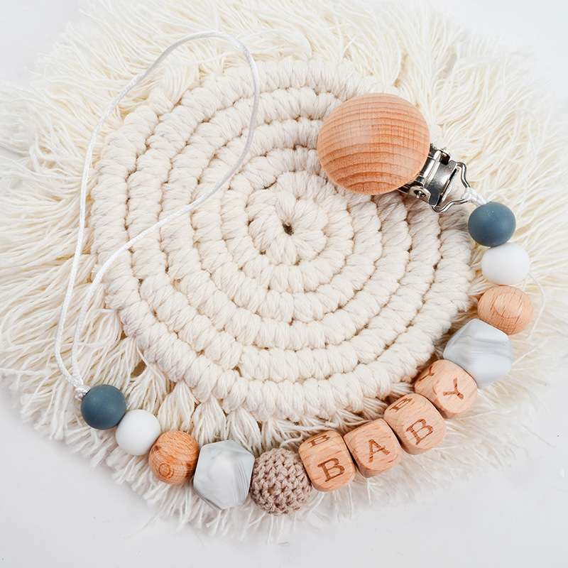 Picture of New Beech pacifier clip Beech letters BABY silicone octagonal beads wool crochet anti-drop chain