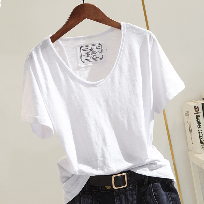 Women's short-sleeved slub cotton T-shirt Summer 2024 New Korean style pure white frayed V-neck loose slimming half-sleeve top