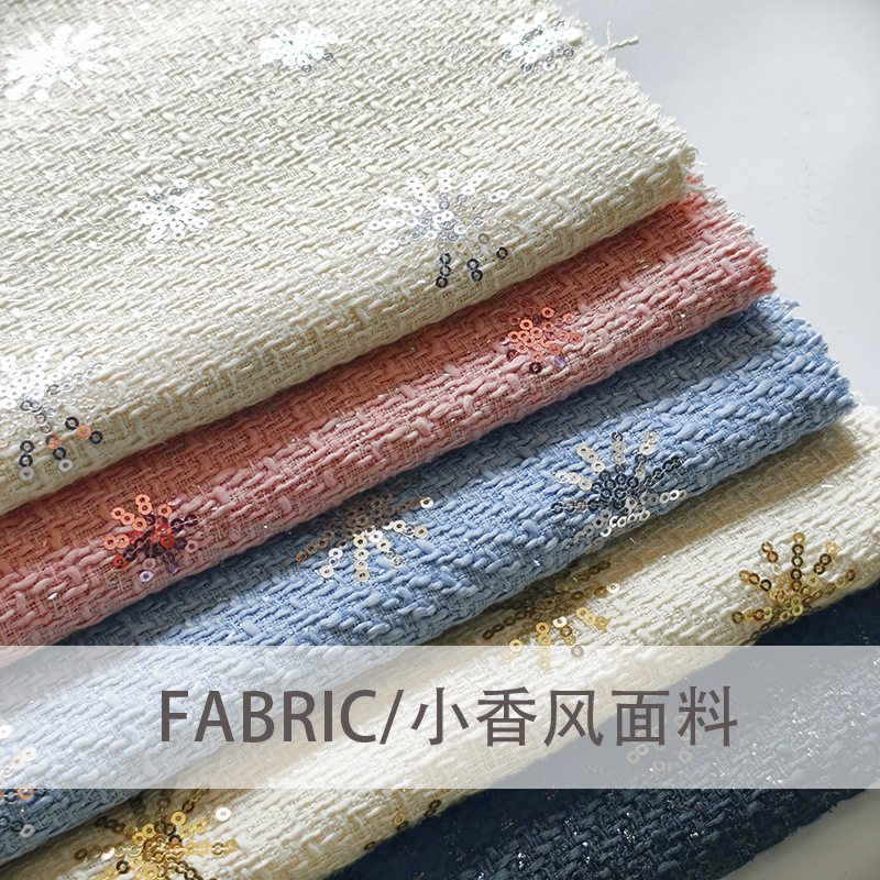 Picture of Woolen Tweed with Snowflake Sequins and Sequins Embroidered Fabric, Tweed Girls' Clothing, Jackets, Bags, Shoes, Hats and Fabrics