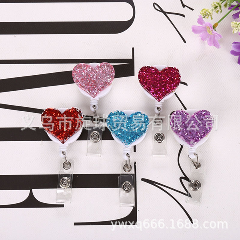 Factory badge lanyard easy-pull buckle diamond-embedded chest card easy-pull buckle rhinestone shiny peach heart easy-pull wholesale
