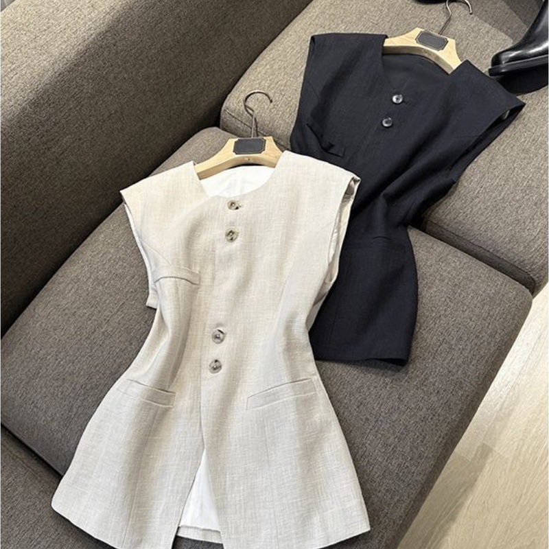 Round Neck Casual Vest Jacket for Women 2024 Summer New Korean Style Fashion Versatile Slim Design Vest Trend